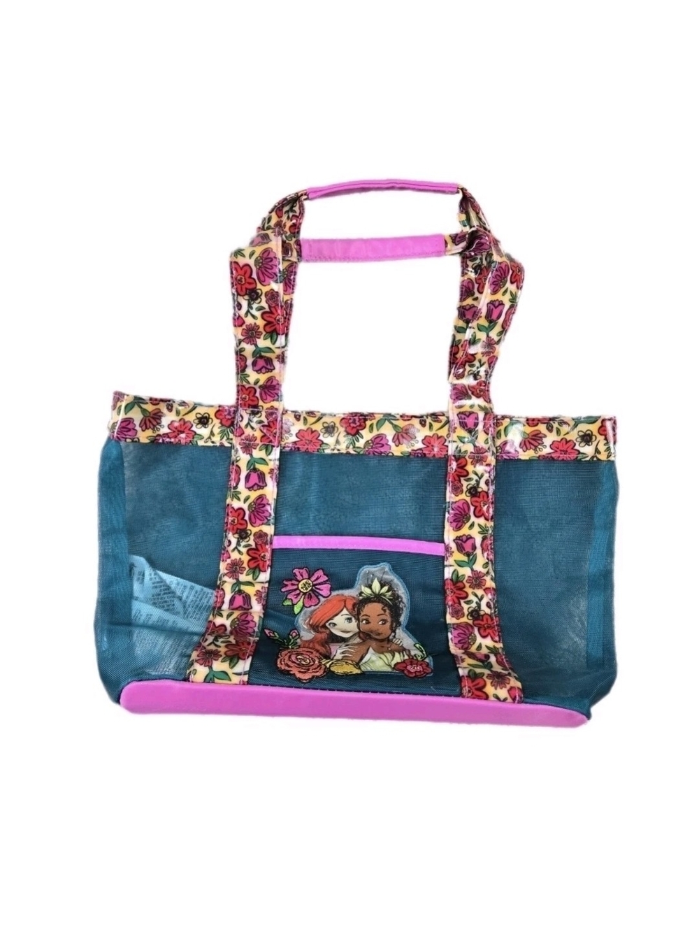 Disney Princess Swim Bag Tote Ariel & Tiana Teal Mesh Pink Floral Double Handles